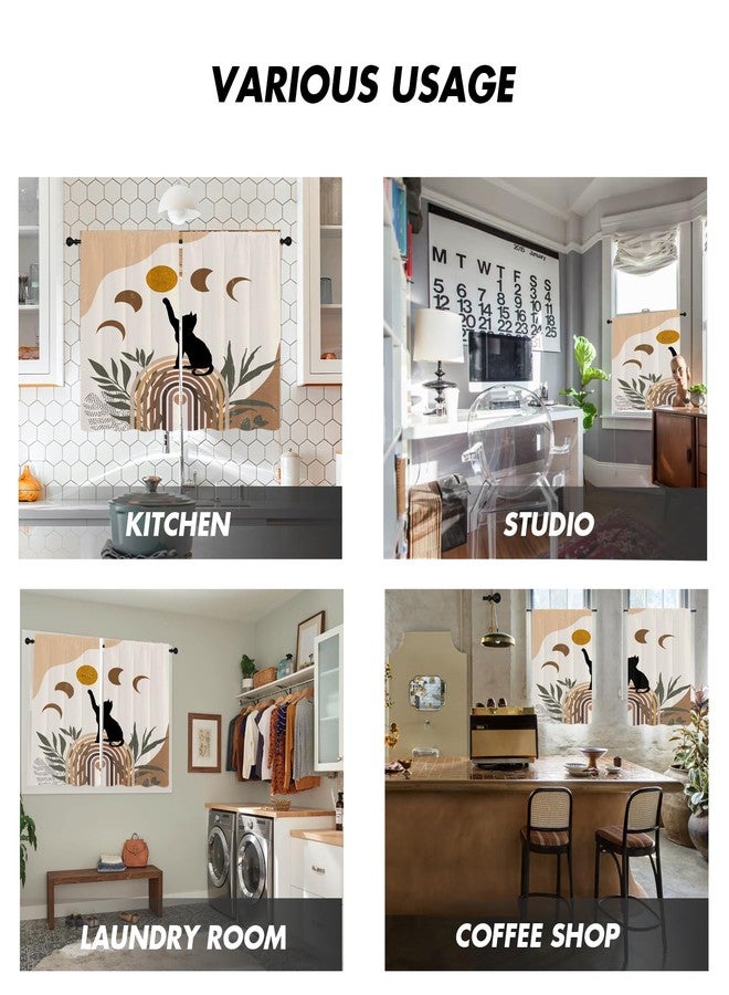 Kikiry Funny Black Cat Kitchen Curtains Mini 27.5'' W x 39'' L Moon Boho Abstract Modern Terracotta Aesthetic Geometric Short Small Cafe Room Window Drapes Treatment Tiers Fabric 1 Pair - Image 3